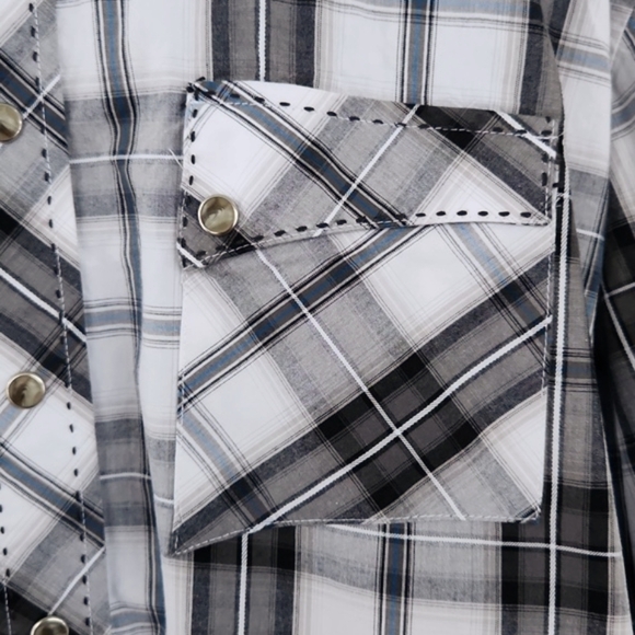 WRANGLER Western Snap Shirt Grey Plaid with Top Stitching (XL) - Picture 7 of 12
